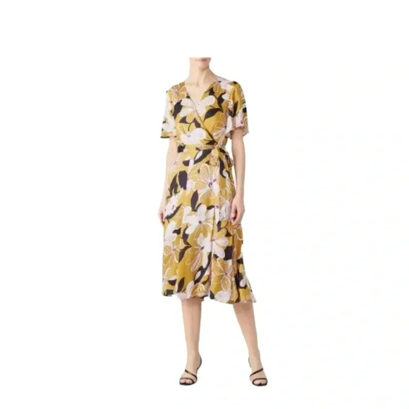Slate & Willow Mod Daisy Yellow Wrap Dress Floral V-neck Short Sleeve Belted S - Picture 1 of 14